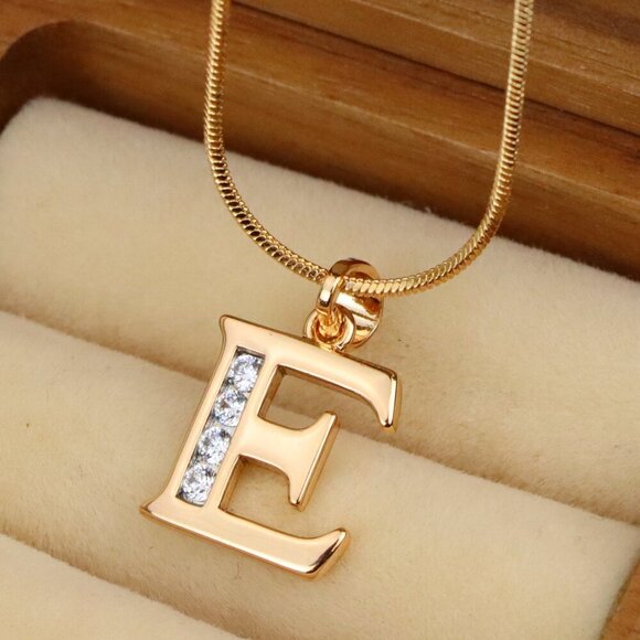 "Rose Gold Letter E Pendant with Crystals – 18K Gold Plated Charm, XPPT1354 - Picture 1 of 13